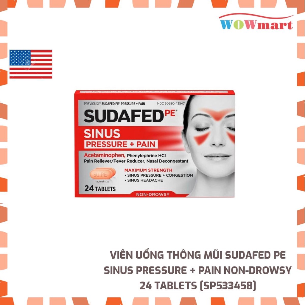 Viên uống thông mũi Sudafed PE Sinus Pressure + Pain Non-Drowsy 24 Tablets