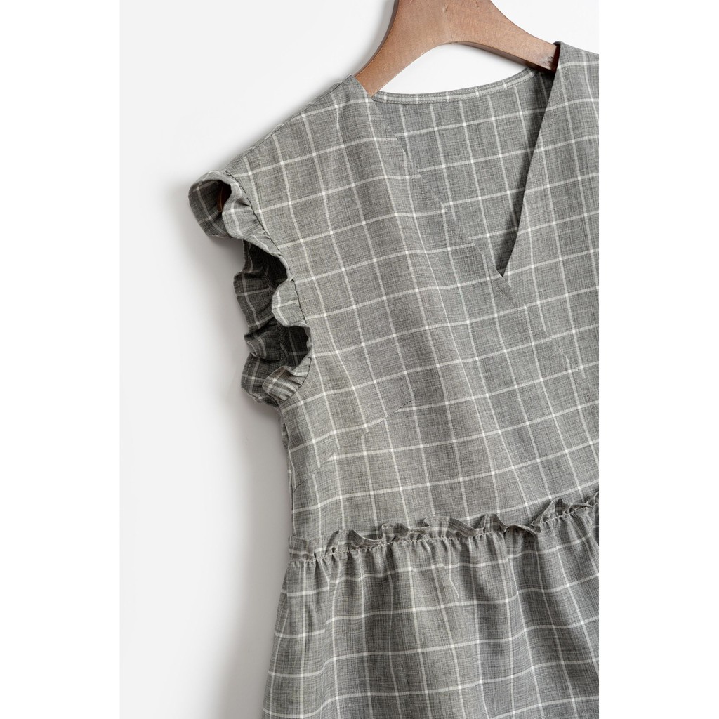 Áo babydoll dáng ngắn nữ MADELEN màu kẻ ghi chất vải thô