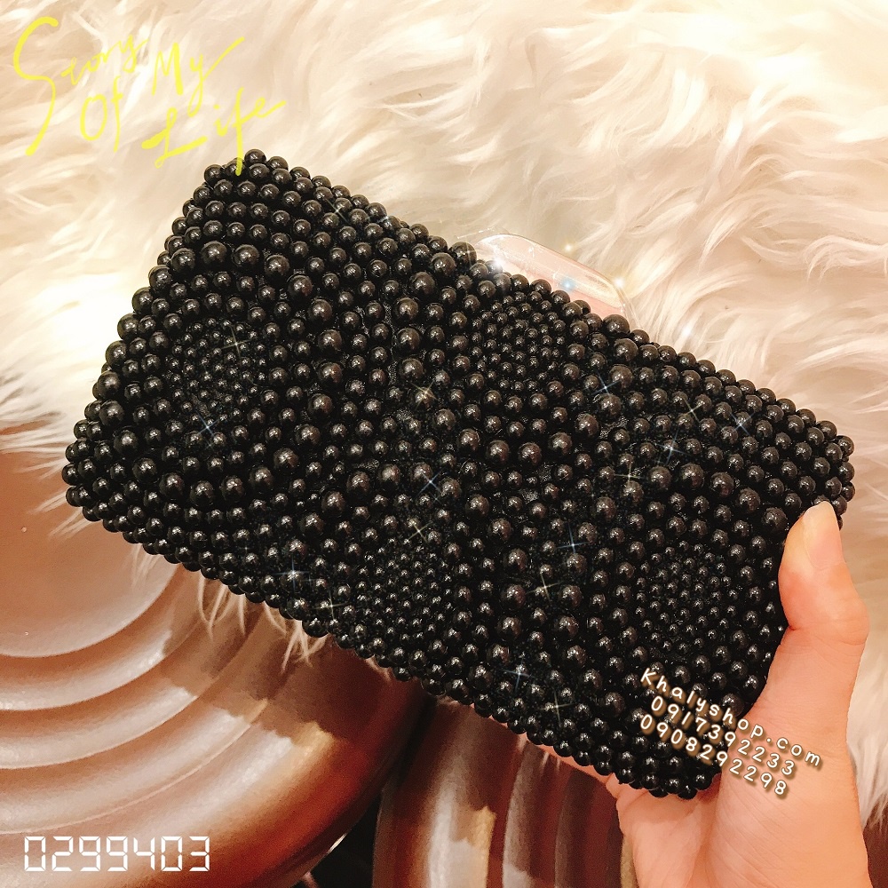 Bóp đầm clutch dạ hội dự tiệc sang trọng đeo chéo xách tay kiểu nút bật kết hạt châu màu đen siêu xinh cho bạn nữ