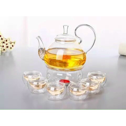 Bộ ấm chén thủy tinh 600ml tay vồng kèm bếp nến