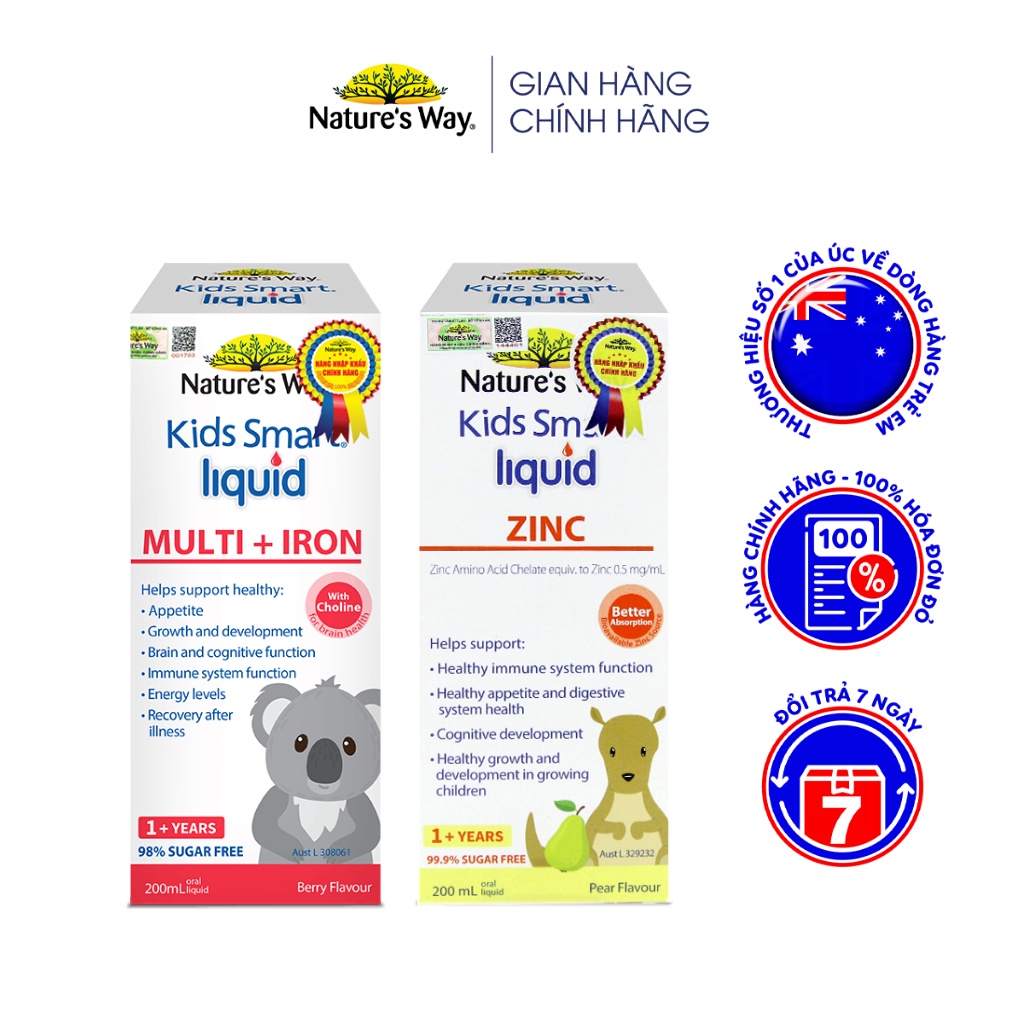 Combo 2 Siro Uống Nature's Way Kids Smart Liquid Zinc Và Liquid Multi+Iron Hỗ Trợ Nâng Cao Sức Đề Kháng Cho Trẻ 200m/lọ