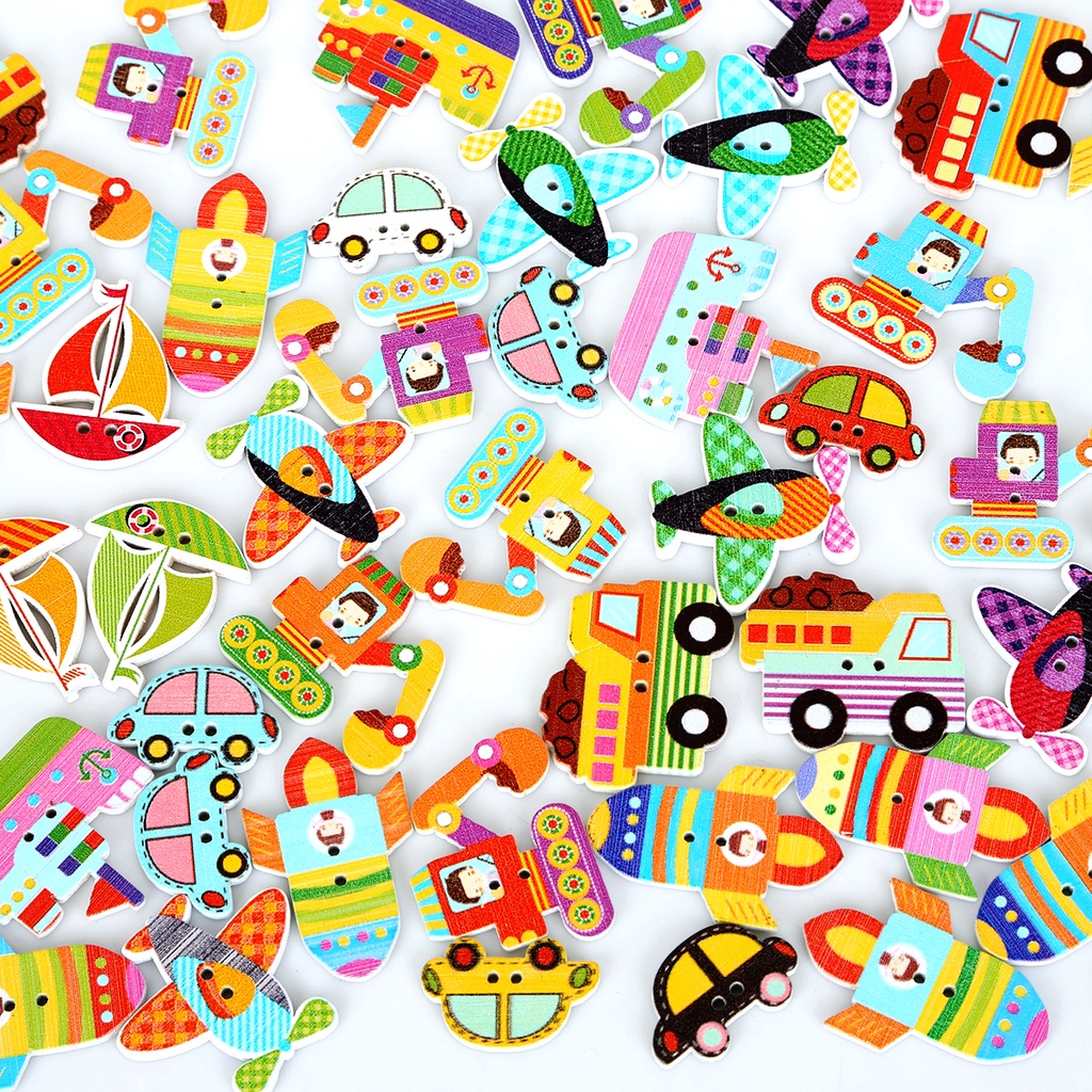 50-70 pcs Aircraft/Boat/Rocket/Car Pattern Wooden Two Holes Buttons Mixed For DIY Sewing Scrapbooking Craft Garment Accessory