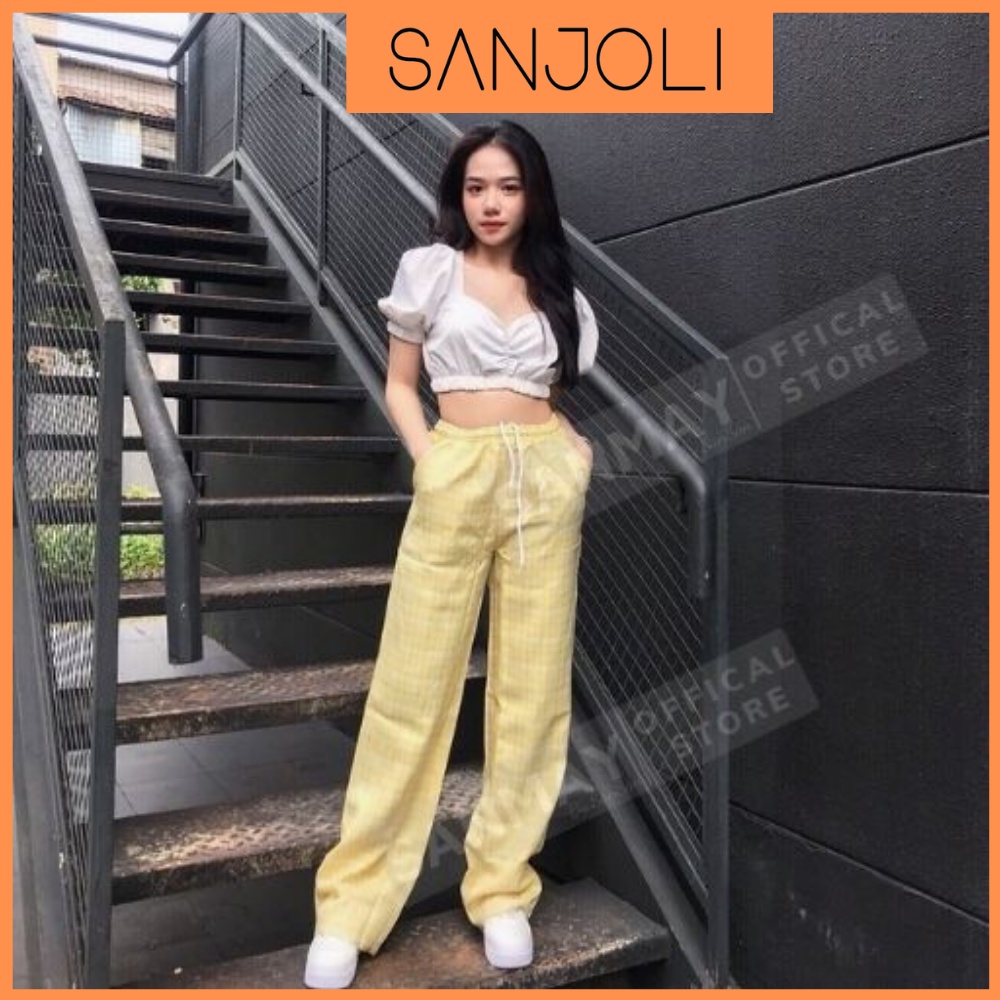 Quần Kẻ Sọc Caro Kẻ Nữ Ống Rộng Lưng Cao Quần Baggy Unisex Dáng Suông Form Dài Cạp Chun Đi Học Đẹp SANJOLI QD003