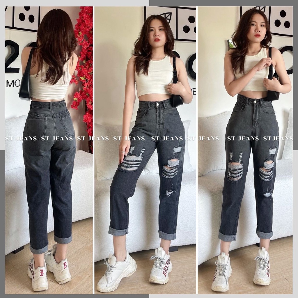 (Hottrend) Quần Jeans  Baggy Rách  Đen Loang  Nữ Lưng Cao Tôn Dáng Shop MaiKa Jeans [Hình tự chụp ]