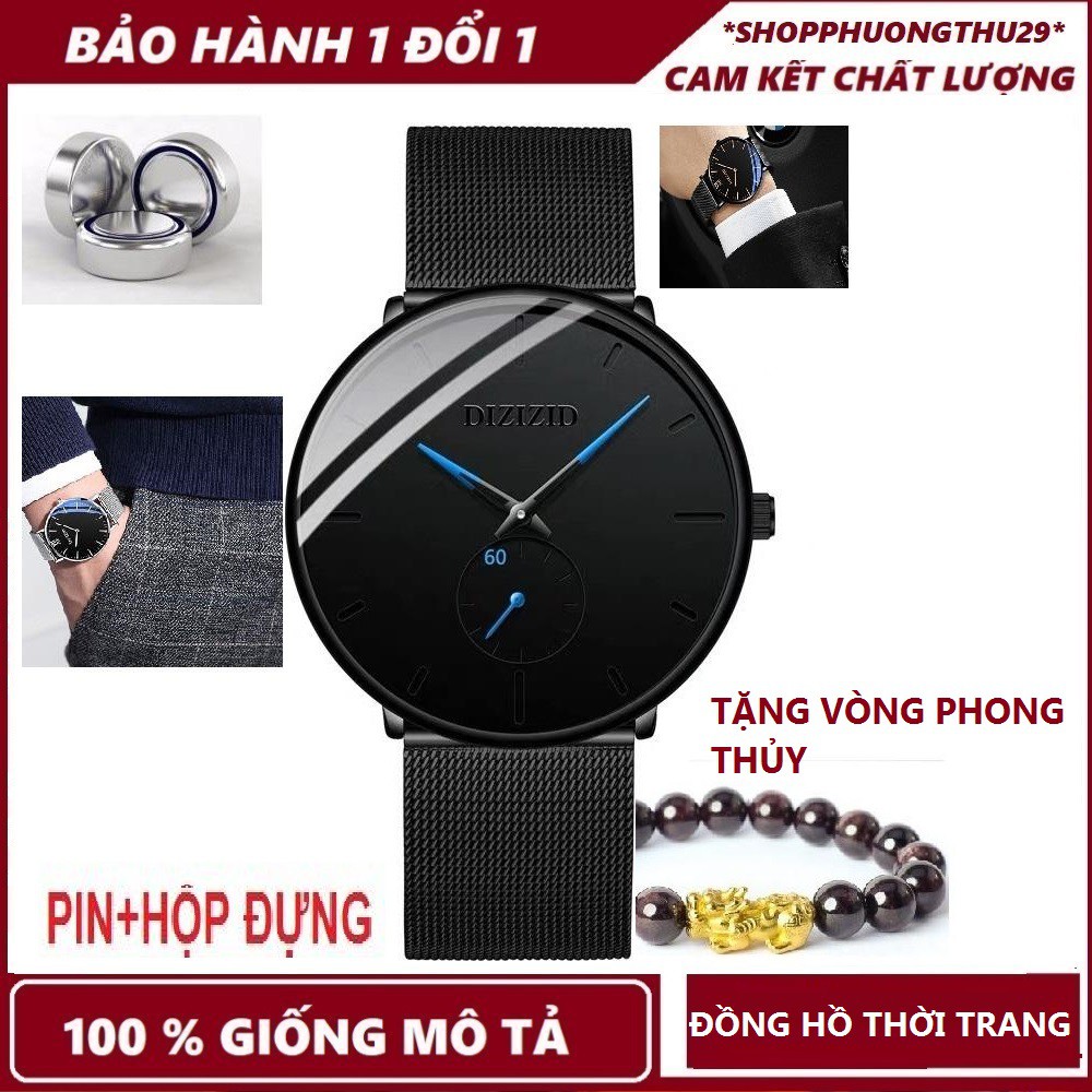 TẶNG VÒNG TỲ HƯU MAY MẮN-Đồng hồ nam DIZIZID kim xanh chống nước mặt siêu mỏng dây thép lụa cao cấp thiết kế đẹp