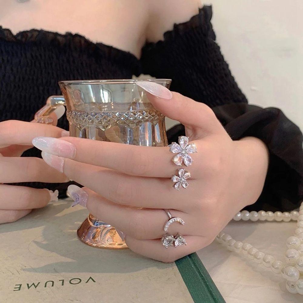 Nhẫn Hở Đính Đá Zircon Hình Hoa Thanh Lịch Thời Trang Cho Nữ