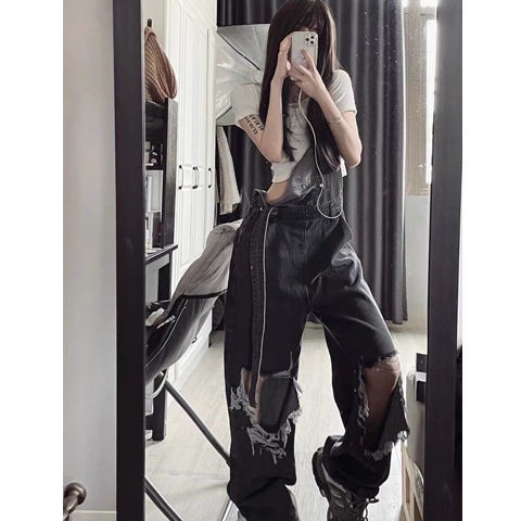 Jiashucheng Quần Yếm Denim Dáng Rộng Màu Đen Rách Phong Cách Retro