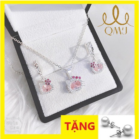 Bộ trang sức QMJ Mèo Kitty ovan đính đá bạc 925 cho bé yêu - Q041