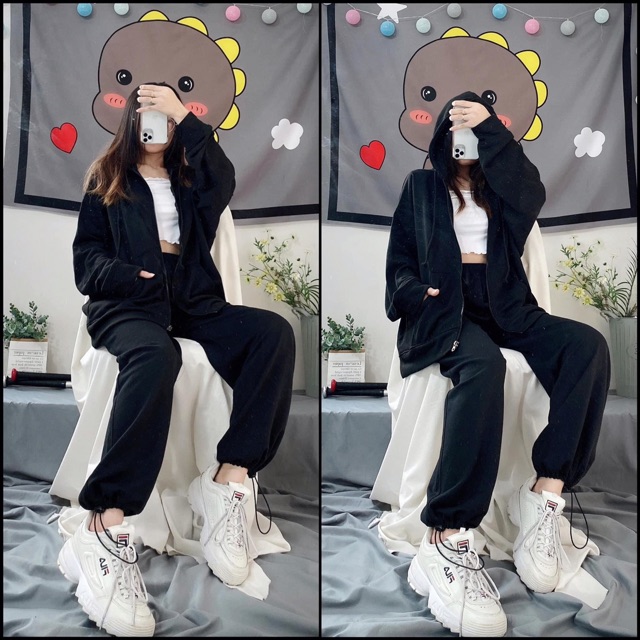 Cả Set 2 Món Hoodie Zip Long Pant Basic Thu Đông Ảnh Thật