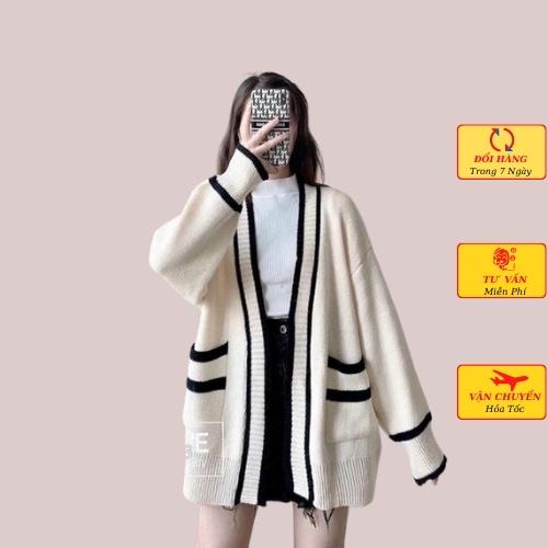 Áo cardigan len nữ oversize dáng dài phom rộng viền đen trắng ulzzang Hàn Quốc mùa thu đông