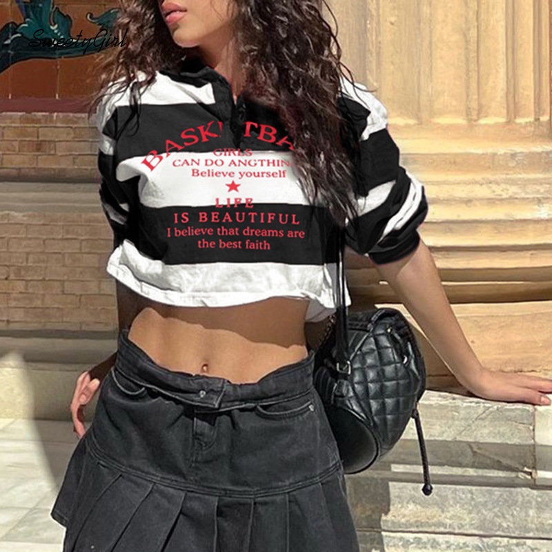 Áo Thun Polo Tay Dài Cổ Bẻ In Họa Tiết Sọc Trắng Đen Thời Trang 2022 Cho Nữ