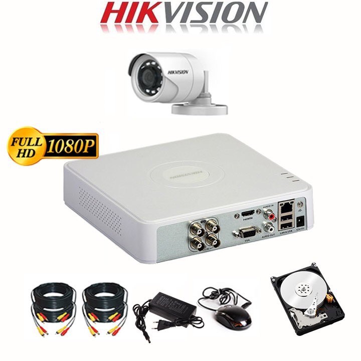 Trọn Bộ Camera giám sát Hikvision 2MP FHD 1080P - Chính Hãng - Đầy đủ Phụ kiện + HDD500GB [ Bộ 1-4 Mắt]