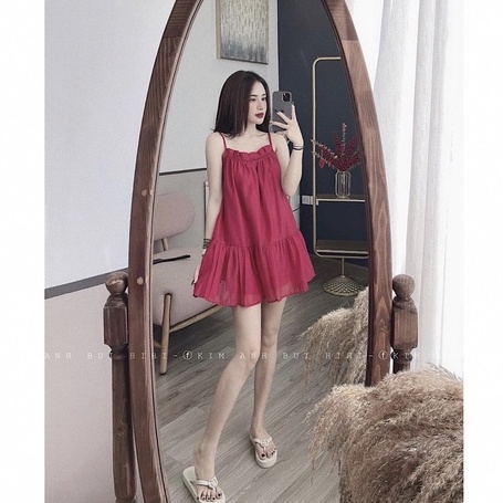 Set áo 2 dây bèo ngực dáng babydoll chất tơ óng nhũ mix quần short 2 lớp dày dặn