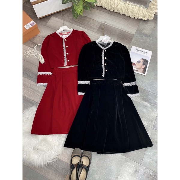 SET VÁY NHUNG VIỀN REN MIX CHÂN VÁY XOÈ DÁNG DÀI DIỆN LỄ TẾT SIÊU XINH