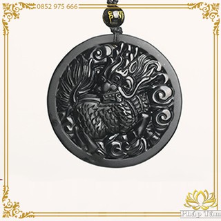 Mặt dây chuyền kỳ lân vượng khí bản tròn đá obsidian đen cao cấp - tâm phong thủy