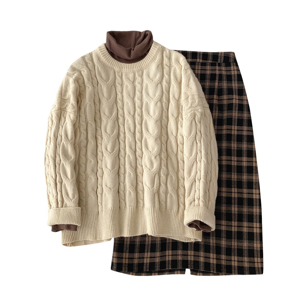 (ORDER) Set áo len màu kem vặn thừng rộng dài+ Chân váy kẻ sọc nâu vintage Hàn Quốc