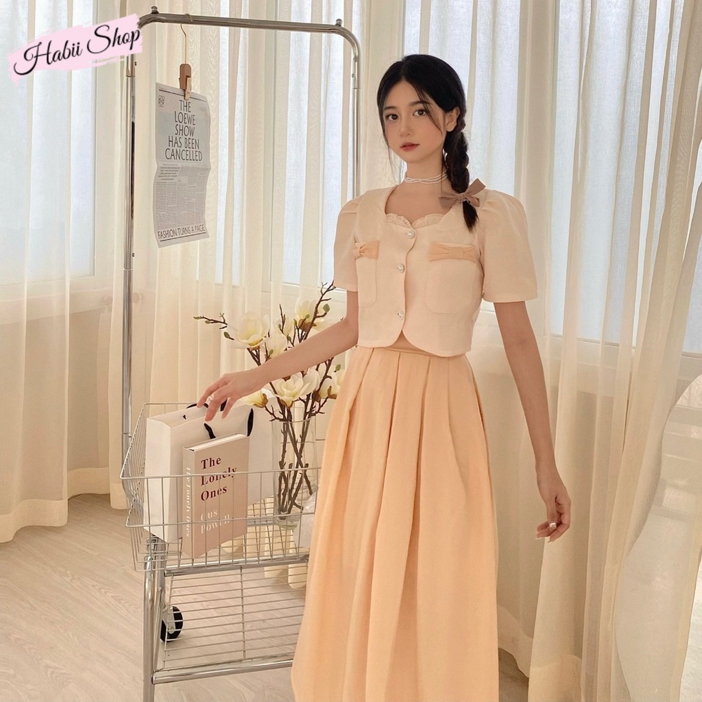Set đồ nữ sang chảnh áo tiểu thư tay bồng chân váy xếp ly dài công sở  - Set tiểu thư ulzzang HABII SE12
