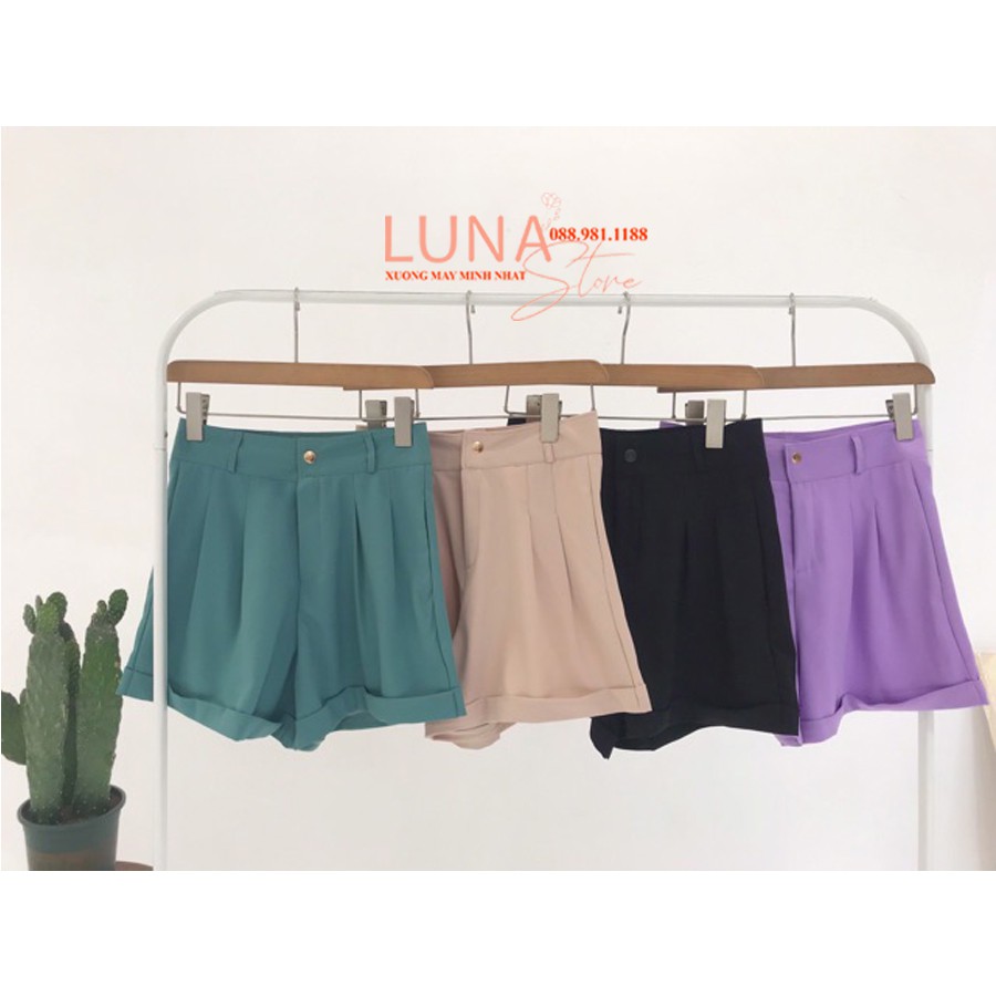 Quần short đen gập gấu ống rộng cạp lưng cao - Dáng quần short vải ngắn ôm eo cao cấp - Có túi khóa cúc - Mặc đi biển