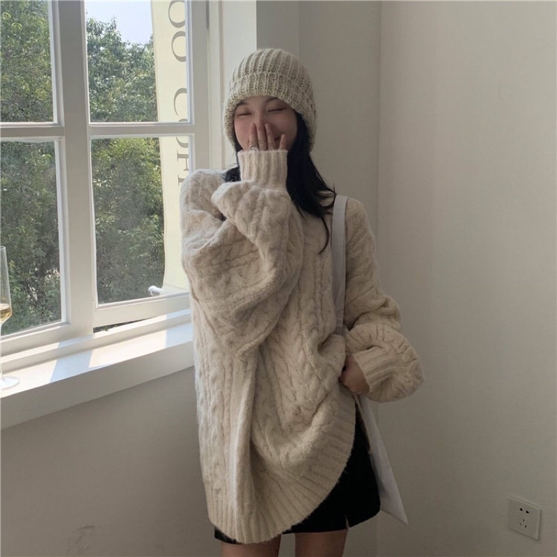 ÁO LEN CỔ V FORM OVERSIZE TAY BỒNG