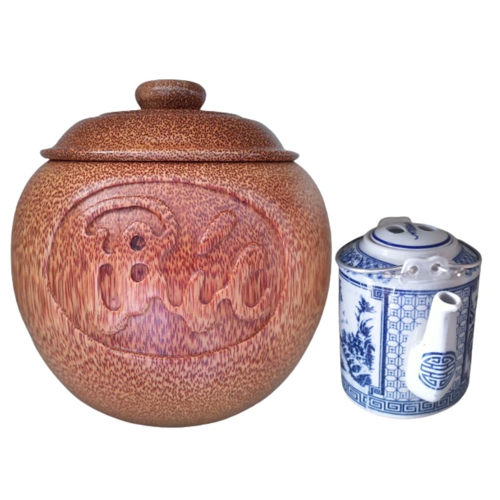 Bình Trà Gỗ Dừa Gọn đẹp Chạm Thủ Công Tam Đa "Phúc Lộc Thọ" Và Bình Trà 700 - 1200ml