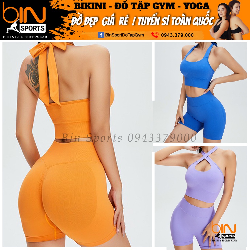 Set bộ đùi thể thao tập gym yoga nữ dệt kim cao cấp, áo bra kèm mút quần đùi chun mông cạp cao Bin Sport BN056