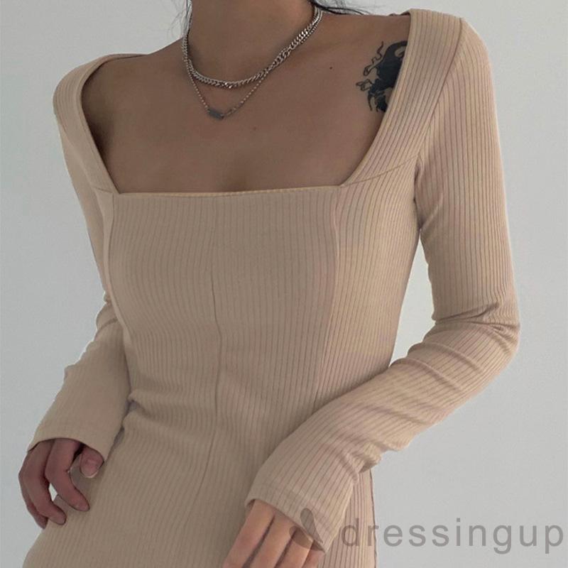 DRESSINGUP-Đầm tay dài cổ vuông màu trơn đơn giản dành cho nữ