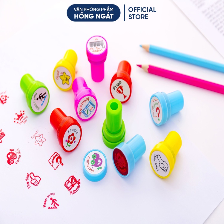 Bộ 10 con dấu lời khen thưởng tiếng anh bằng nhựa, đồ dùng giáo cụ dạy học trong học tập văn phòng phẩm GC32