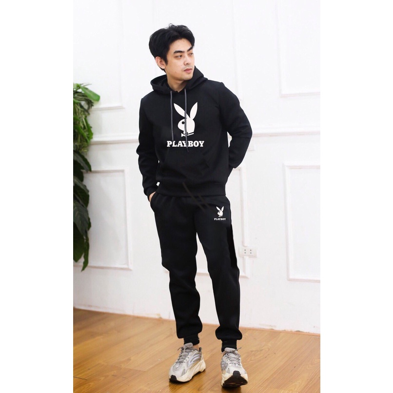 Đồ Bộ Nam Thể Thao Cao Cấp Thu Đông  PLAYBOY MÀU ĐEN - Set Đồ Bộ Nam Mặc Nhà Chất Nỉ Có Mũ Dài Tay
