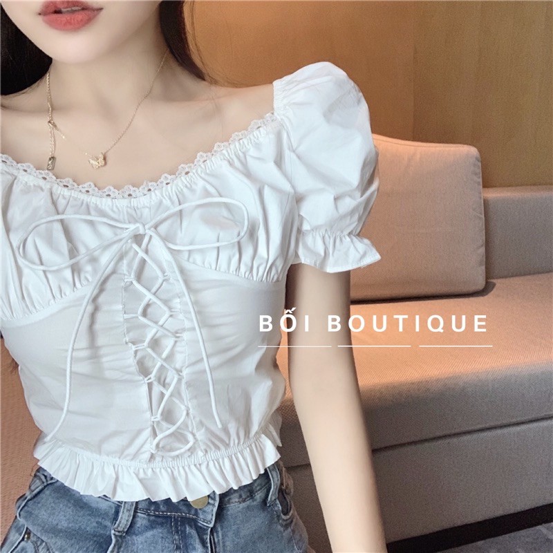 [100% GIỐNG ẢNH] Áo croptop cổ vuông tay ngắn ôm eo hợp thời tang trang hè | BigBuy360 - bigbuy360.vn