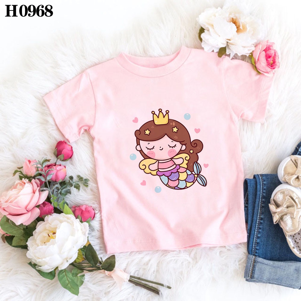 Áo Thun In Hoạt Hình Nàng Tiên Cá Dễ Thương Thời Trang Mùa Hè Cho Bé Gái