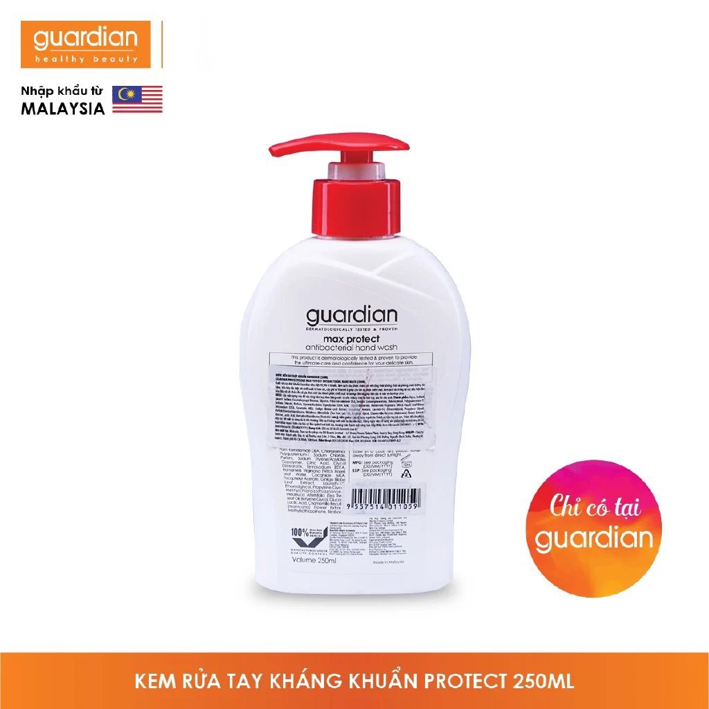 Nước rửa tay Guardian diệt khuẩn 250ml, diệt 99,9% vi khuẩn, xuất xứ Malaysia