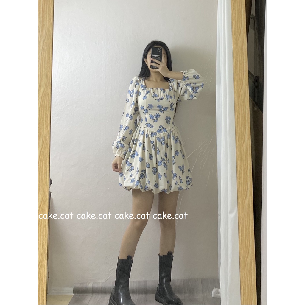 [VIDEO/ ẢNH THẬT] Đầm Váy Phồng Hoa Xanh Cổ Vuông Kiểu Cổ Điển | BigBuy360 - bigbuy360.vn