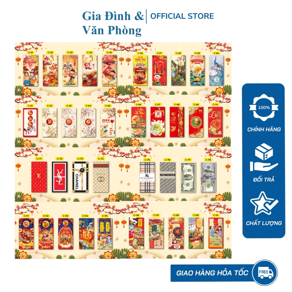Combo 100 Bao Lì Xì Tết 2022 Giấy Dày C150, Mẫu Mã Đa Dạng, Độc Lạ, Cute, Dễ Thương