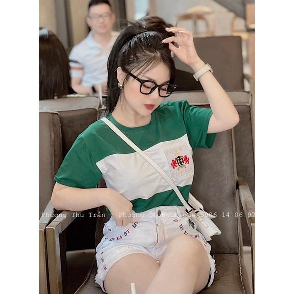 ANU914 - ÁO PHÔNG NỮ CỘC TAY XANH TRẮNG TOMMY HILFIGER