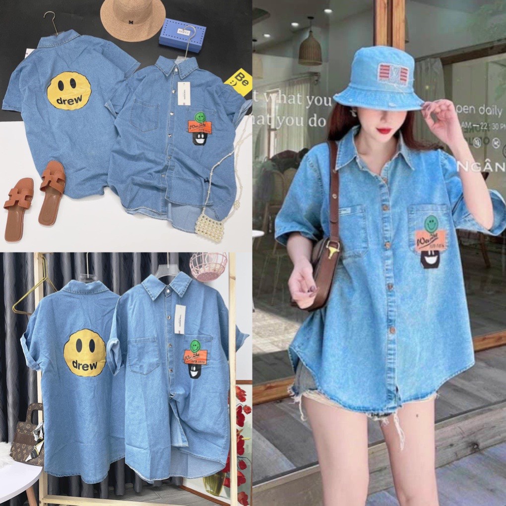 Áo sơ mi jean mặt cười from rộng màu xanh- sơ mi ngắn tay chất bò đẹp unisex phong cách ulzzang hàn quốc MÂY_1989