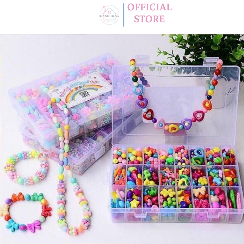 Bộ đồ chơi cho bé mẫu xâu vòng hạt cườm hộp vuông to nhiều chi tiết Xiaomomi PVN14228