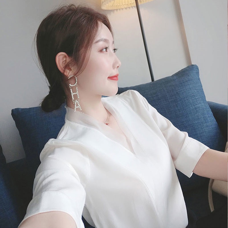 Áo Sơ Mi Chiffon Tay Lửng Cổ Chữ v Dáng Rộng Thời Trang Mùa Hè Cho Nữ K3AL