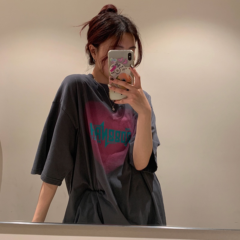 Áo thun SUXI tay ngắn cổ tròn dáng rộng in chữ thời trang mùa hè cho nữ