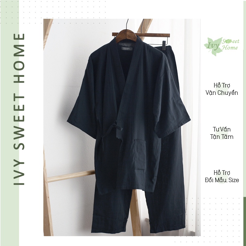 Kimono Vải Xô Nhật 🌵 Yukata Bộ Mặc Nhà Hè Nam Nữ Thoáng Mát 🌵Họa Tiết Sóng IVY239