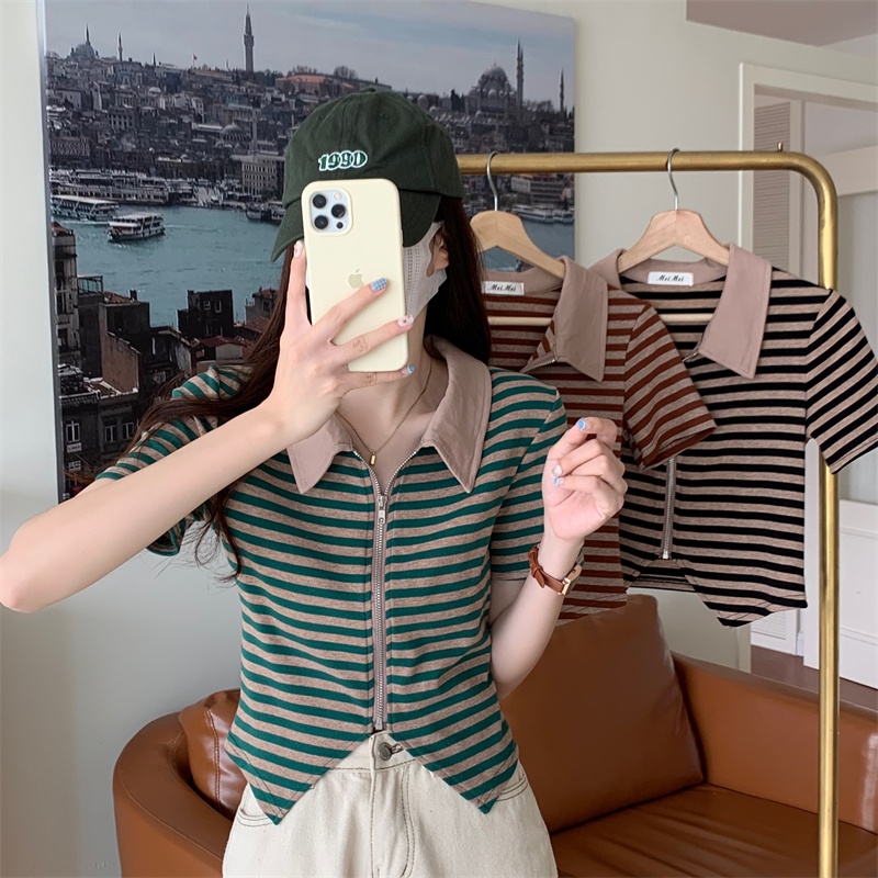 Áo thun polo dệt kim ZHELIHANGFEI họa tiết kẻ sọc thiết kế lệch tà thời trang cá tính cho nữ