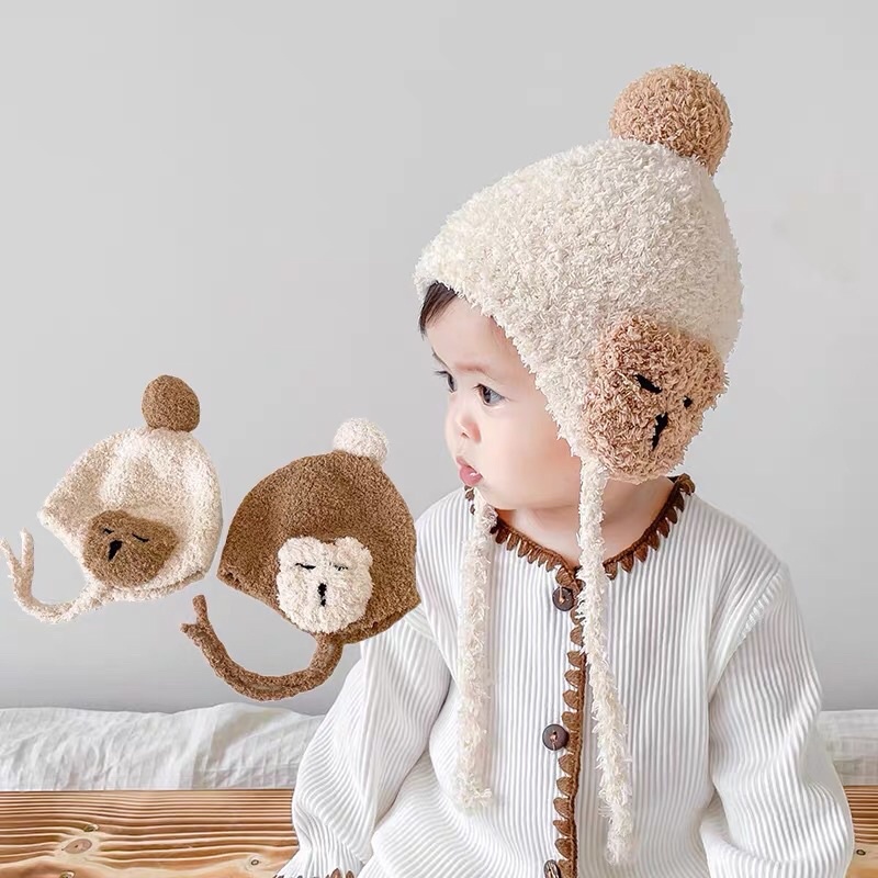 Mũ nón len bông mềm mại che tai phong cách Hàn bé trai gái