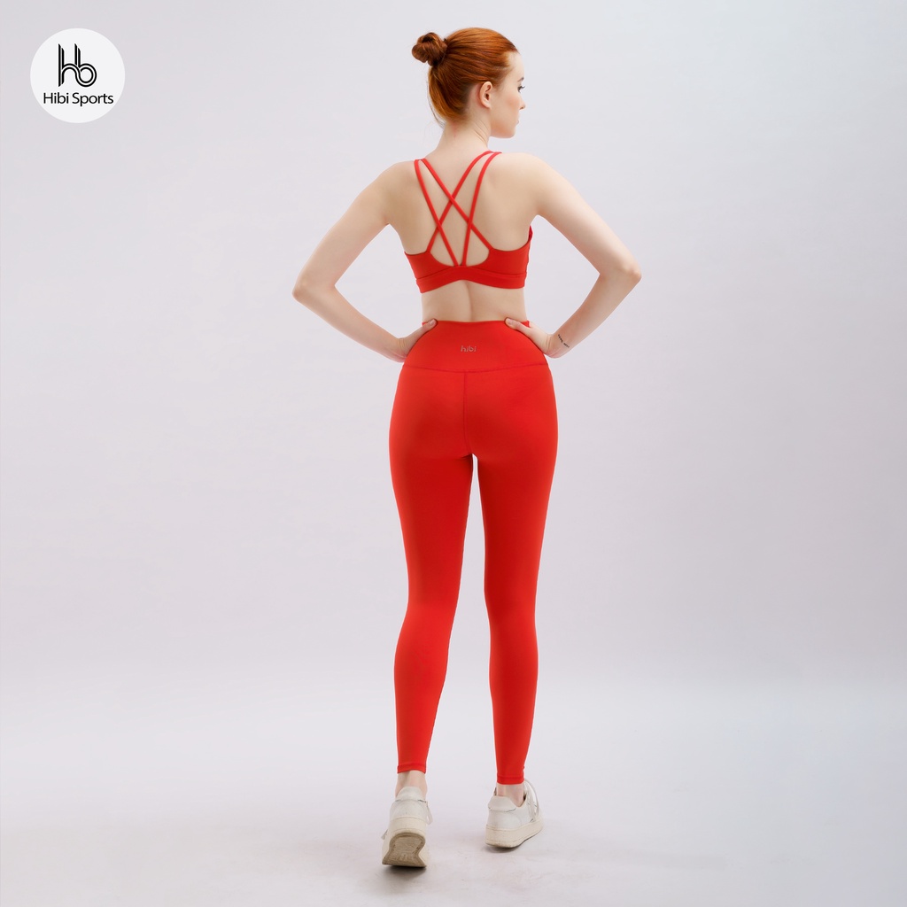 Set đồ tập yoga gym Luxury Hibi Sports H145 4 dây đan VX, size mới, màu Đỏ Cherry kèm mút ngực, vải cao cấp Hi Fabric