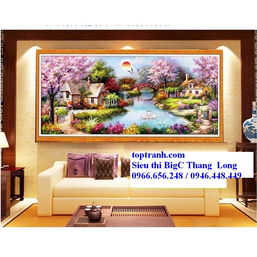 Tranh thêu chữ thập ngôi nhà mùa xuân ngôi nhà ven hồ thiên nga MN0027 chưa thêu