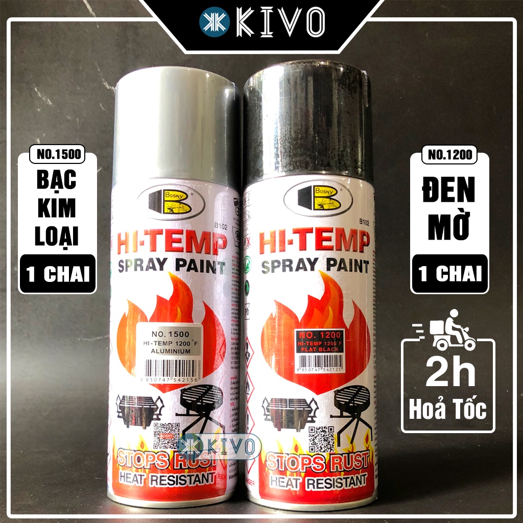 Sơn Xịt Chịu Nhiệt Độ Cao BOSNY HI-TEMP No-1200/1500 Màu Đen Mờ/Bạc Kim Loại- Sơn Xịt chống Cháy- Sơn Xịt Pô Xe,...Kivo