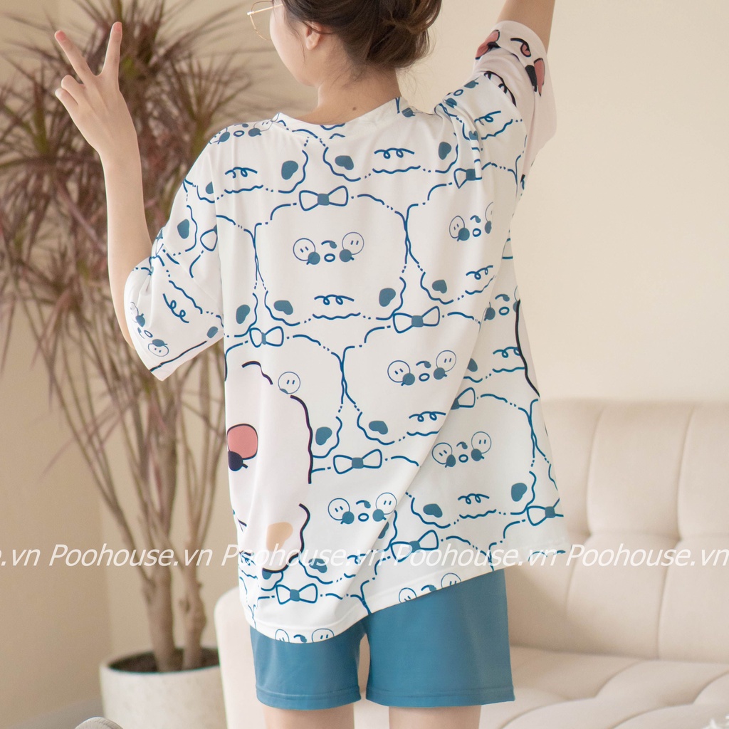 Pijama bộ đồ ngủ, bộ đồ nữ mặc nhà chất liệu cotton cộc tay áo phông, quần đùi - Poohouse BN-GAUTRANG