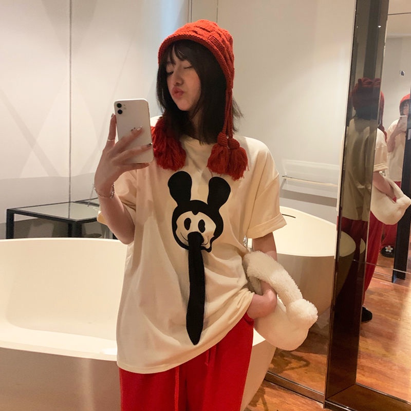 Áo Thun Cổ Tròn Dáng Rộng In Hình Mickey Vui Nhộn Thời Trang Mùa Hè Hàn Quốc Cho Nữ Plus Size