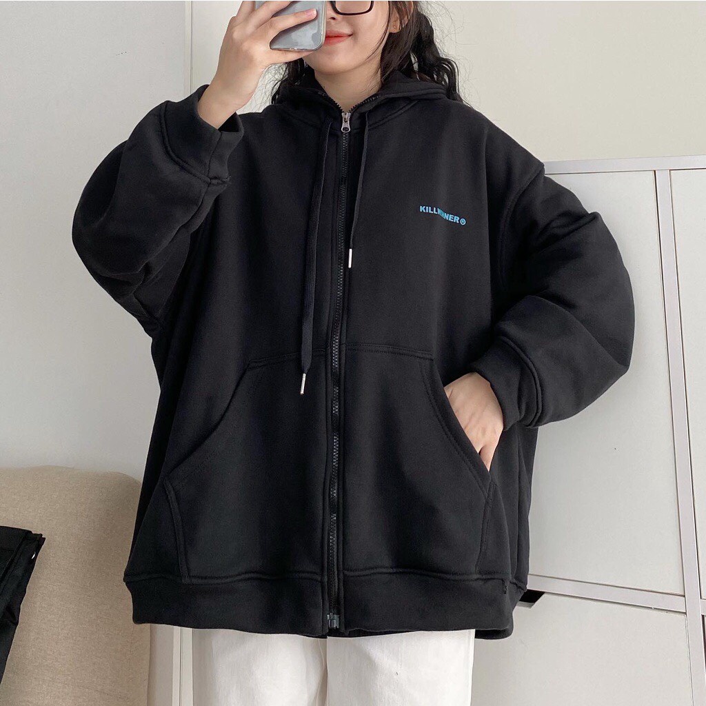 Áo hoodie zip khóa kéo from rộng tay bồng cực cá tính, Áo khoắc Nữ có mũ chất nỉ da cá có 2 màu đen trắng Vati