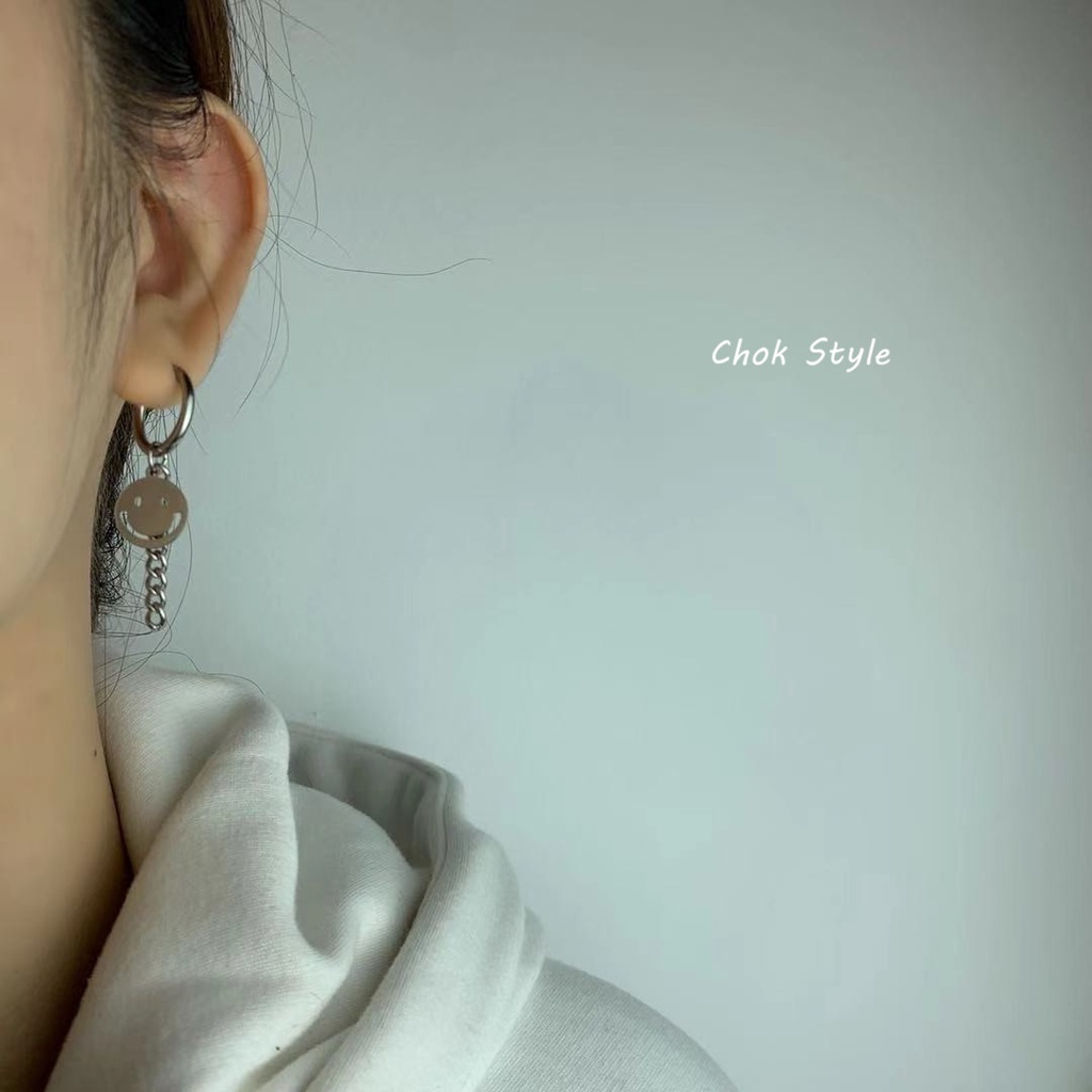 Khuyên Tai Dây Xích Mặt Cười Bằng Thép Titan Thời Trang 22634