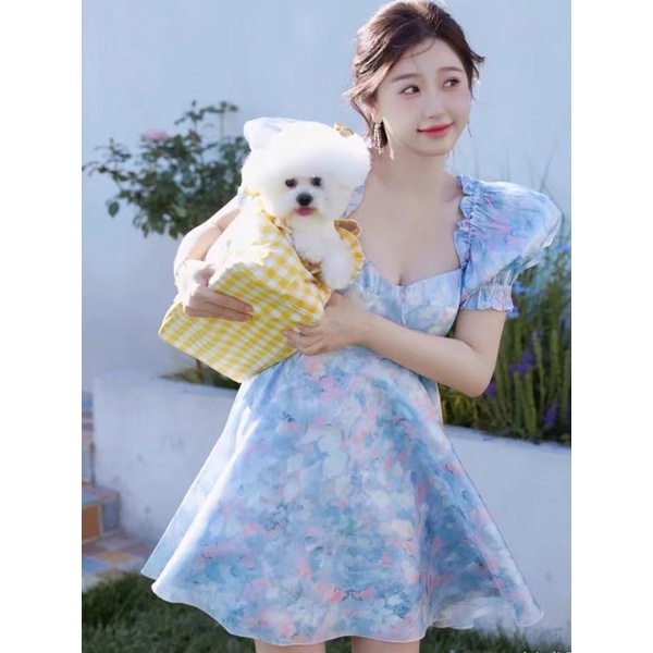 Đầm babydoll NGU THƯ HÂN màu xanh mơ mộng buộc váy tay phồng thắt eo cao