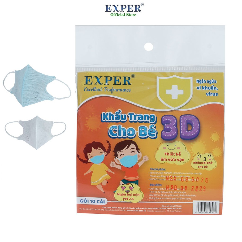 Khẩu trang y tế 3D EXPER cho bé dưới 5 tuổi loại khẩu trang y tế trẻ em kháng khuẩn lọc bụi mịn gói 10 cái Exper Store